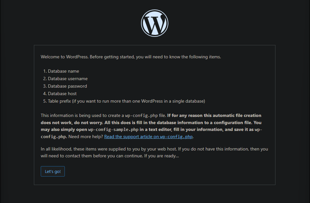 Wordpress installation page