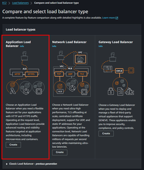 Selecting Application Load Balancer
