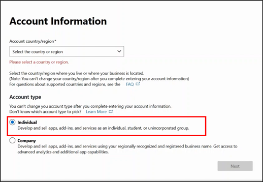 Select Region and Account Type